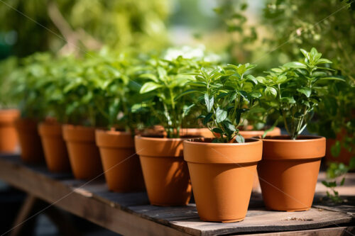 Generative AI a pot with a plant sitting on the table nearby - Starpik Stock