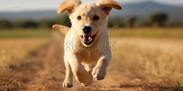 Generative AI a puppy running in a field - Starpik Stock