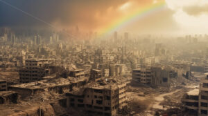 Generative AI a rainbow over the ruins of a city destroyed by bombings - Starpik Stock