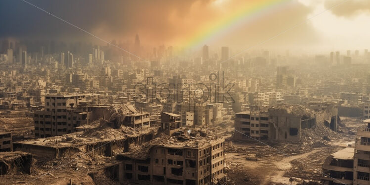 Generative AI a rainbow over the ruins of a city destroyed by bombings - Starpik Stock