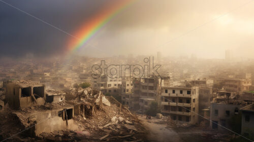 Generative AI a rainbow over the ruins of a city destroyed by bombings - Starpik Stock