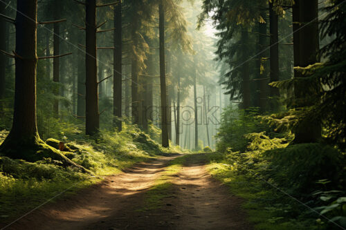 Generative AI a road in a forest on the edge of which beautiful pine trees grow - Starpik Stock