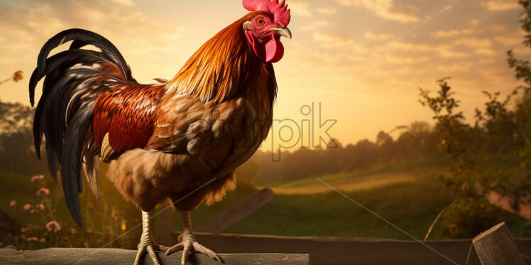 Generative AI a rooster standing on the wooden fence of a farm - Starpik Stock