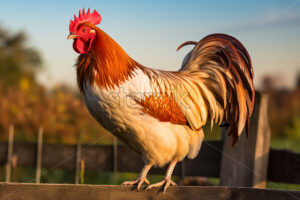 Generative AI a rooster standing on the wooden fence of a farm - Starpik Stock