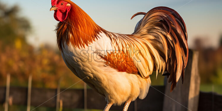 Generative AI a rooster standing on the wooden fence of a farm - Starpik Stock