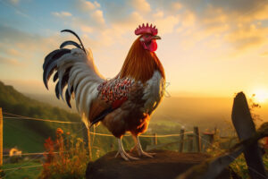 Generative AI a rooster standing on the wooden fence of a farm - Starpik Stock