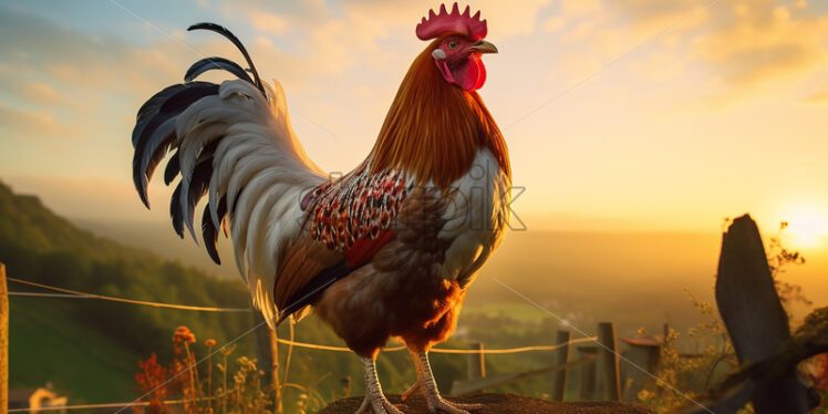 Generative AI a rooster standing on the wooden fence of a farm - Starpik Stock