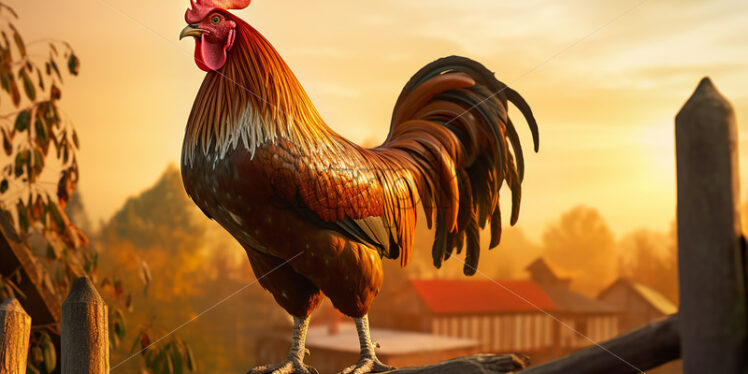 Generative AI a rooster standing on the wooden fence of a farm - Starpik Stock