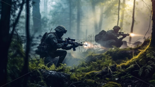 Generative AI a soldier firing his gun against a forest background - Starpik Stock