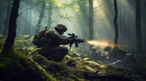 Generative AI a soldier firing his gun against a forest background - Starpik Stock