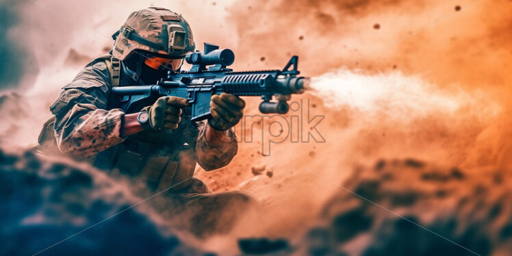Generative AI a soldier in the foreground with a weapon in his hand - Starpik Stock