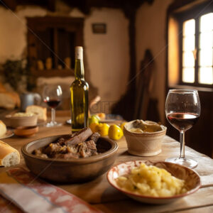 Generative AI a table full of traditional dishes from the Republic of Moldova and of course Moldovan wine - Starpik Stock