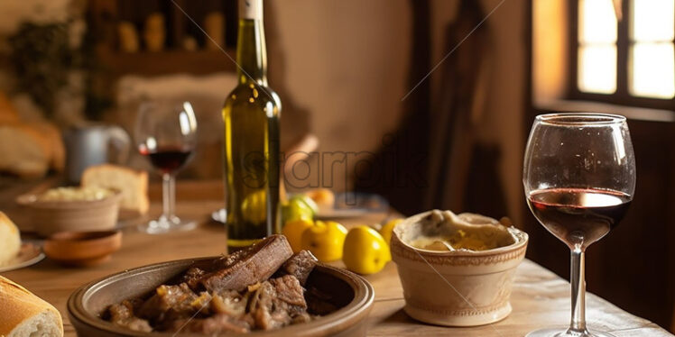 Generative AI a table full of traditional dishes from the Republic of Moldova and of course Moldovan wine - Starpik Stock