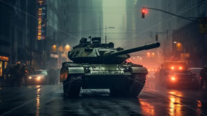 Generative AI a tank goes down a city street - Starpik Stock