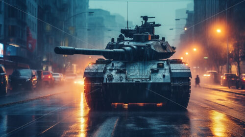 Generative AI a tank goes down a city street - Starpik Stock