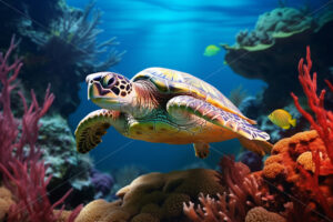 Generative AI a turtle swimming in the ocean in the reef - Starpik Stock