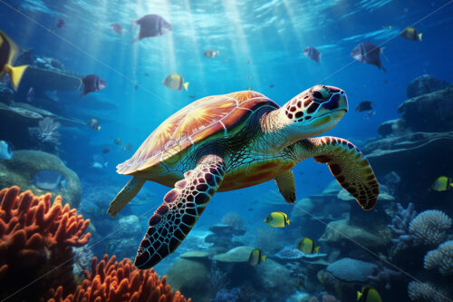 Generative AI a turtle swimming in the ocean in the reef - Starpik Stock