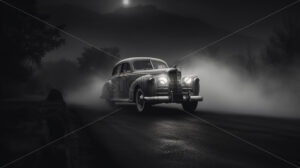 Generative AI a vintage black car driving on a road - Starpik Stock