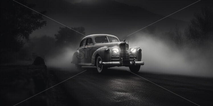 Generative AI a vintage black car driving on a road - Starpik Stock