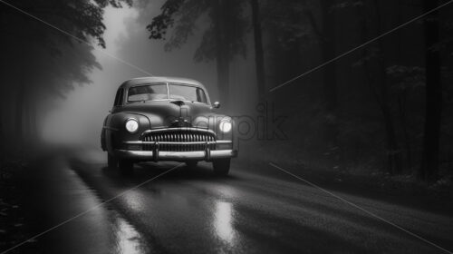 Generative AI a vintage black car driving on a road - Starpik Stock