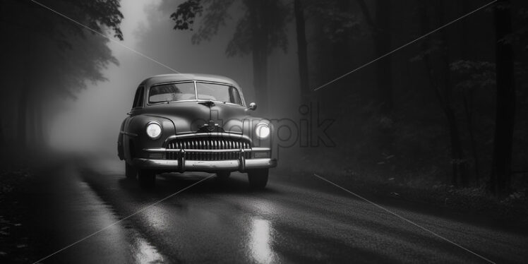 Generative AI a vintage black car driving on a road - Starpik Stock