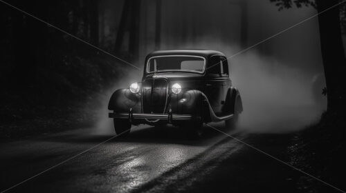 Generative AI a vintage black car driving on a road - Starpik Stock