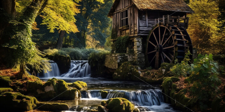 Generative AI a water mill on a river in the mountains - Starpik Stock