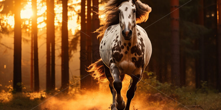 Generative AI a wild horse running on a meadow in the forest - Starpik Stock