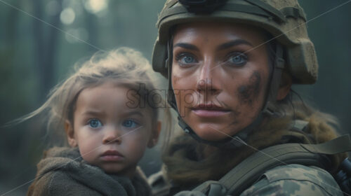 Generative AI a woman soldier and a child during the war - Starpik Stock