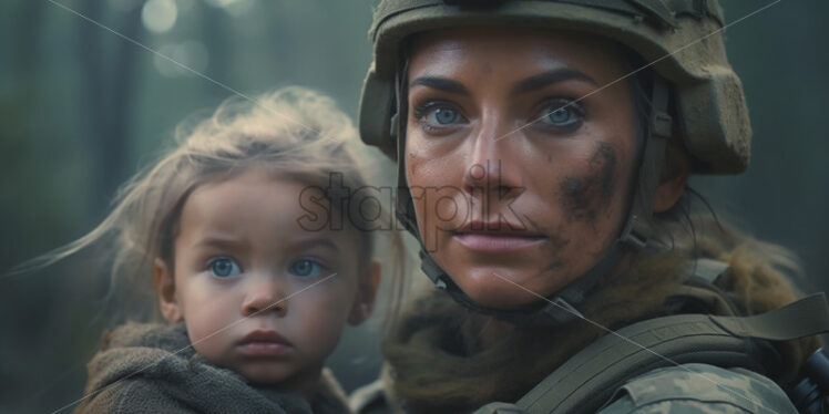 Generative AI a woman soldier and a child during the war - Starpik Stock