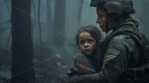 Generative AI a woman soldier and a child during the war - Starpik Stock