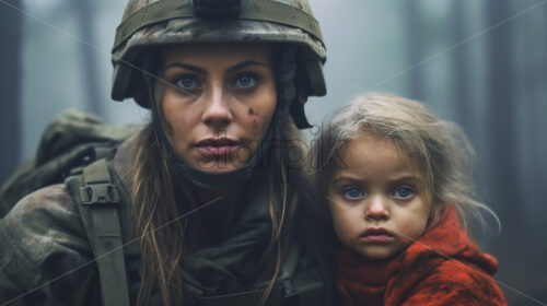 Generative AI a woman soldier and a child during the war - Starpik Stock