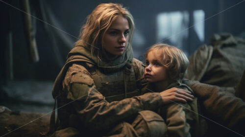 Generative AI a woman soldier and a child during the war - Starpik Stock