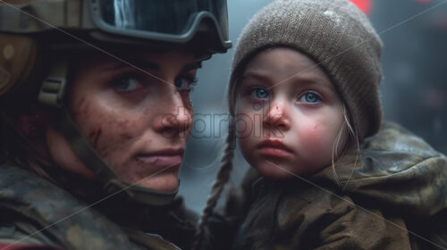 Generative AI a woman soldier and a child during the war - Starpik Stock