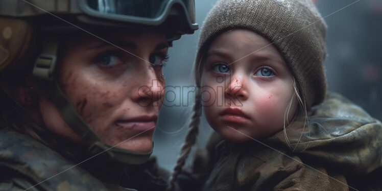 Generative AI a woman soldier and a child during the war - Starpik Stock