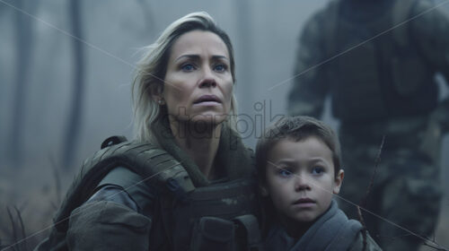 Generative AI a woman soldier and a child during the war - Starpik Stock