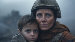 Generative AI a woman soldier and a child during the war - Starpik Stock