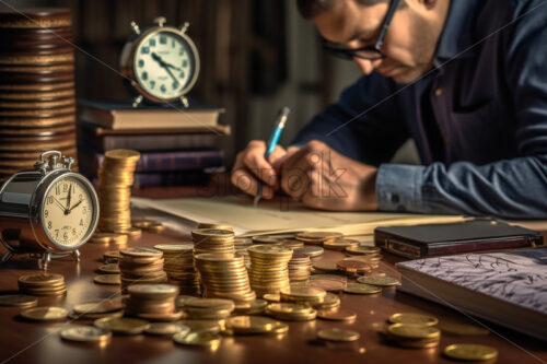 Generative AI a work table full of coins and on which there are two clocks, a businessman is working at the table - Starpik Stock