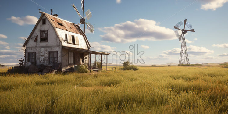 Generative AI an abandoned farm on a green and beautiful plain - Starpik Stock