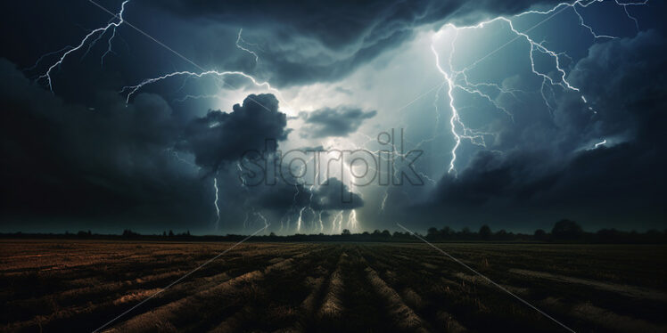 Generative AI an agricultural field and there are black clouds and lightning in the sky - Starpik Stock