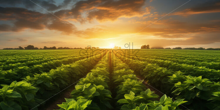 Generative AI an agricultural plantation in a field at sunset - Starpik Stock