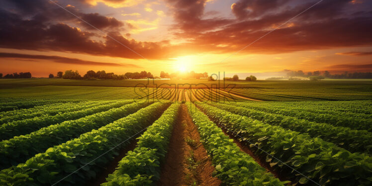 Generative AI an agricultural plantation in a field at sunset - Starpik Stock