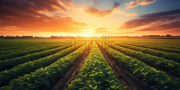 Generative AI an agricultural plantation in a field at sunset - Starpik Stock