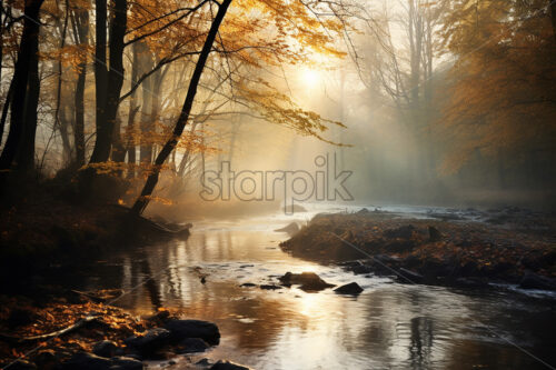 Generative AI an autumn landscape with a river and a forest with fallen leaves - Starpik Stock