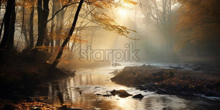 Generative AI an autumn landscape with a river and a forest with fallen leaves - Starpik Stock