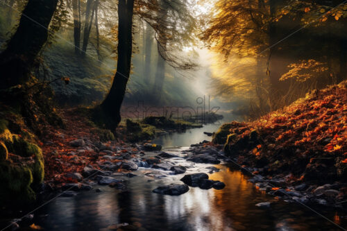 Generative AI an autumn landscape with a river and a forest with fallen leaves - Starpik Stock