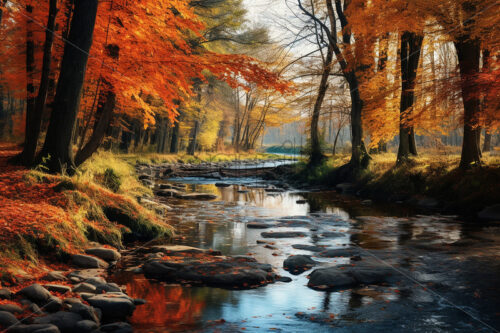 Generative AI an autumn landscape with a river and a forest with fallen leaves - Starpik Stock