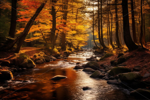 Generative AI an autumn landscape with a river and a forest with fallen leaves - Starpik Stock