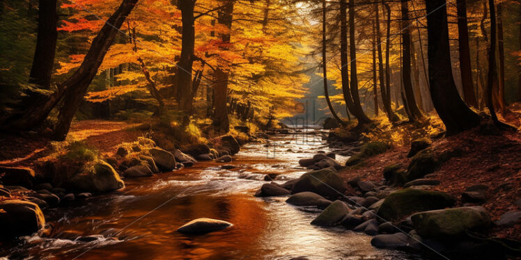 Generative AI an autumn landscape with a river and a forest with fallen leaves - Starpik Stock