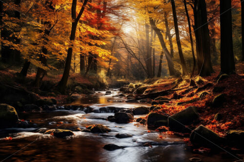 Generative AI an autumn landscape with a river and a forest with fallen leaves - Starpik Stock